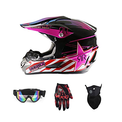 LEENY Casco de Motocross - Cascos de Motos con Gafas Guantes Máscara - Cuatro Estaciones Unisex, Cascos de Cross Motocicleta Off-Road Enduro Cascos para Adulto Hombres Mujeres,Rosado,S