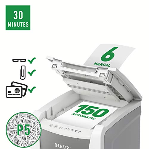 Leitz IQ Autofeed Destructora de Papel de Corte en Micropartículas P5, Automática, 150 Hojas, Papelera de 44 Litros, Blanca, 80140000