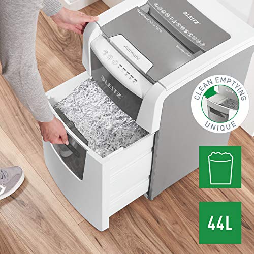 Leitz IQ Autofeed Destructora de Papel de Corte en Micropartículas P5, Automática, 150 Hojas, Papelera de 44 Litros, Blanca, 80140000