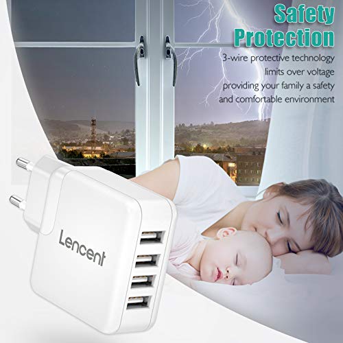 LENCENT Cargador USB de Pared, Enchufe Multipuerto 24W/4.8A,4 USB, Cargador Móvil Universal con tecnología Auto-ID