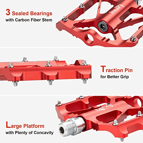 LERWAY Pedales de Bicicleta, Ultraligero MTB Bike Repuesto de Pedales de Ciclismo de Montaña Antideslizantes Pedales Híbridos de Bicicleta de Carretera para 9/16" (Rojo)