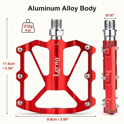 LERWAY Pedales de Bicicleta, Ultraligero MTB Bike Repuesto de Pedales de Ciclismo de Montaña Antideslizantes Pedales Híbridos de Bicicleta de Carretera para 9/16" (Rojo)