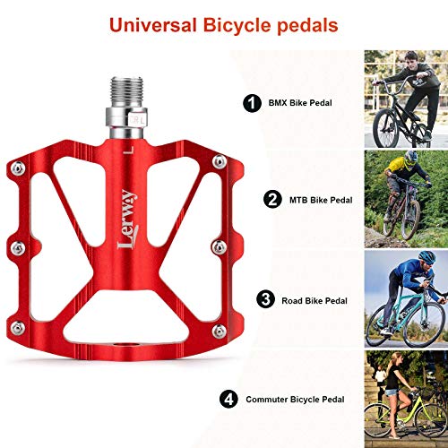 LERWAY Pedales de Bicicleta, Ultraligero MTB Bike Repuesto de Pedales de Ciclismo de Montaña Antideslizantes Pedales Híbridos de Bicicleta de Carretera para 9/16" (Rojo)