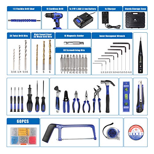 Letton Kit de herramientas con taladro inalámbrico de 21V, juego de herramientas manuales para el hogar para reparaciones en casa con maletín
