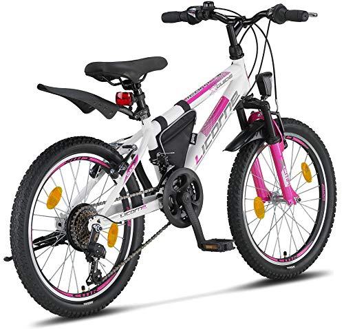 Licorne Bike Guide Bicicleta de montaña de 20 Pulgadas, Cambio de 18 velocidades, suspensión de Horquilla, Bicicleta Infantil, para niños y niñas, Bolsa para Cuadro,Blanco/Rosa