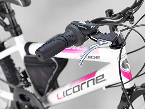 Licorne Bike Guide Bicicleta de montaña de 20 Pulgadas, Cambio de 18 velocidades, suspensión de Horquilla, Bicicleta Infantil, para niños y niñas, Bolsa para Cuadro,Blanco/Rosa