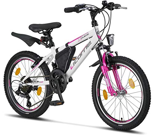 Licorne Bike Guide Bicicleta de montaña de 20 Pulgadas, Cambio de 18 velocidades, suspensión de Horquilla, Bicicleta Infantil, para niños y niñas, Bolsa para Cuadro,Blanco/Rosa