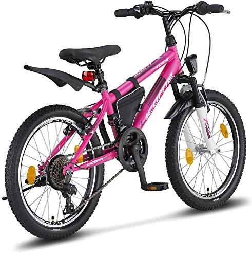 Licorne Bike Guide Bicicleta de montaña de 20 Pulgadas, Cambio de 18 velocidades, suspensión de Horquilla, Bicicleta Infantil, para niños y niñas,Bolsa para Cuadro,Rosa/Blanco