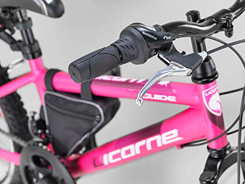 Licorne Bike Guide Bicicleta de montaña de 20 Pulgadas, Cambio de 18 velocidades, suspensión de Horquilla, Bicicleta Infantil, para niños y niñas,Bolsa para Cuadro,Rosa/Blanco