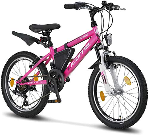 Licorne Bike Guide Bicicleta de montaña de 20 Pulgadas, Cambio de 18 velocidades, suspensión de Horquilla, Bicicleta Infantil, para niños y niñas,Bolsa para Cuadro,Rosa/Blanco