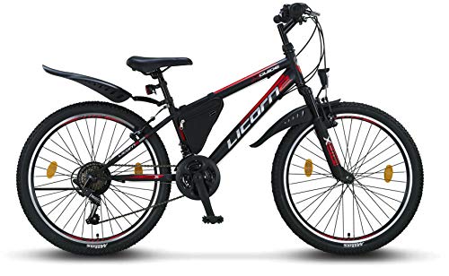 Licorne Bike Guide Bicicleta de montaña de 26 pulgadas, cambio de 21 velocidades, suspensión de horquilla, bicicleta infantil, bicicleta para niños y niñas, bolsa para cuadro,negro/rojo/gris