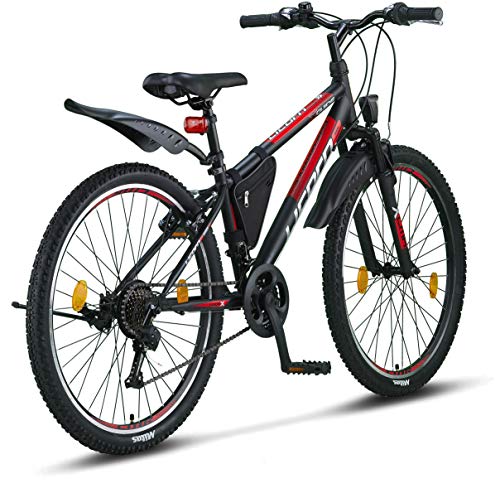 Licorne Bike Guide Bicicleta de montaña de 26 pulgadas, cambio de 21 velocidades, suspensión de horquilla, bicicleta infantil, bicicleta para niños y niñas, bolsa para cuadro,negro/rojo/gris