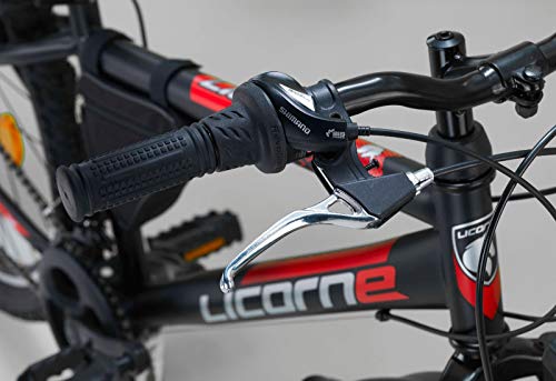 Licorne Bike Guide Bicicleta de montaña de 26 pulgadas, cambio de 21 velocidades, suspensión de horquilla, bicicleta infantil, bicicleta para niños y niñas, bolsa para cuadro,negro/rojo/gris