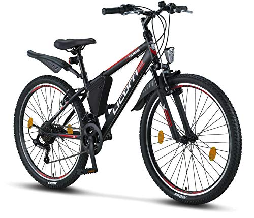 Licorne Bike Guide Bicicleta de montaña de 26 pulgadas, cambio de 21 velocidades, suspensión de horquilla, bicicleta infantil, bicicleta para niños y niñas, bolsa para cuadro,negro/rojo/gris