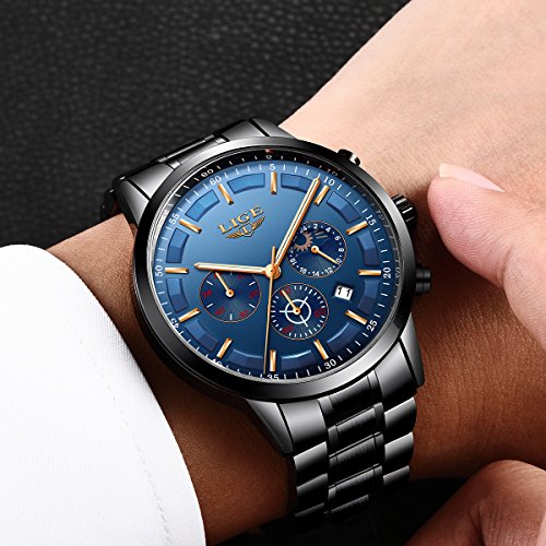 LIGE Relojes para Hombre Moda Acero Inoxidable Deportivo Analógico Reloj Cronógrafo Impermeable Negocios Reloj de Pulsera (Blue Black)