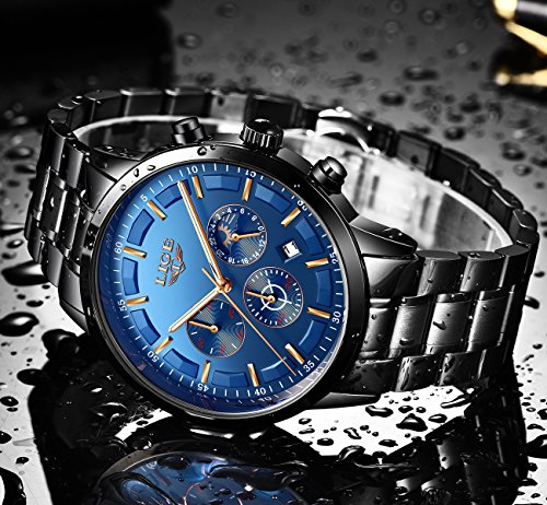 LIGE Relojes para Hombre Moda Acero Inoxidable Deportivo Analógico Reloj Cronógrafo Impermeable Negocios Reloj de Pulsera (Blue Black)