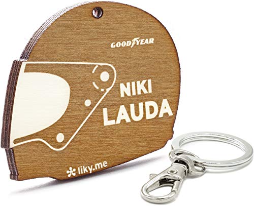LIKY ® Niki Lauda Casco Formula 1 - Llavero Original de Madera Grabado Regalo para día del Padre Hombre Mujer cumpleaños pasapiempo Colgante Bolso Mochila