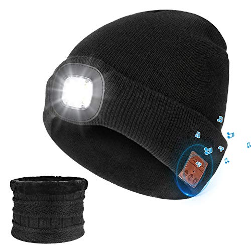 LINGSFIRE Gorro de música Unisex con Bluetooth Gorro de Punto con Auriculares inalámbricos, Gorro LED con Bufanda, Gorro de Punto de Invierno cálido y Suave Recargable para Deportes al Aire Libre