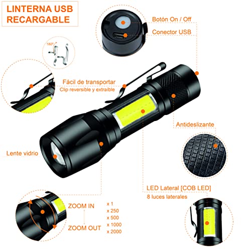 Linterna LED [ 2 UNIDADES ] - Alta Potencia Táctica Recargable | Foco ajustable zoom | 3 modos | 100 metros alcance - 500 Lumens | Camping ciclismo montaña