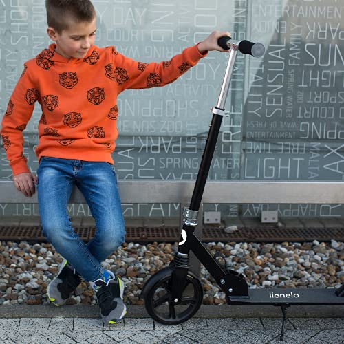 LIONELO Luca Patinete Urbano XXL hasta 100 kg, Scooter para niños, Grandes Ruedas 200 mm ShockResist Amortiguador, Volante Ajustable Altura, Freno Plegable (Negro 2)