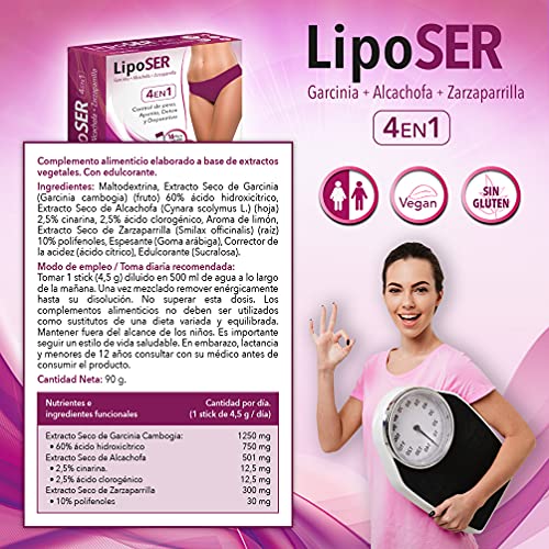 Liposer - 16 sticks - Elimina la grasa acumulada en Abdomen, Caderas. Piernas, Espalda y Brazos - Adelgazante 4 en 1 - Quemagrasas | Apetito | Detox | Depurativo - Resultados en 16 días - 1 al día