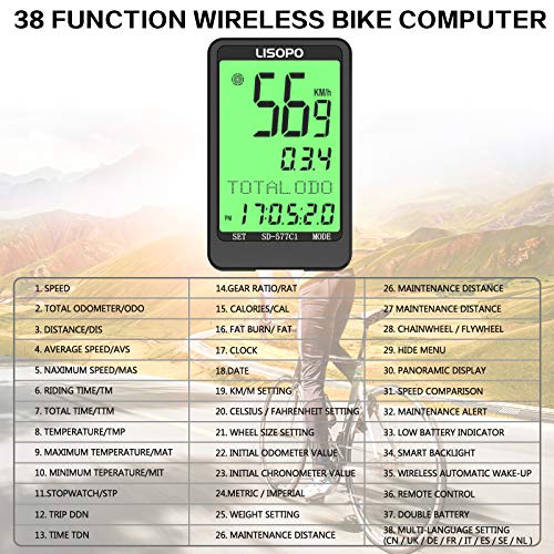 LISOPO Cuentakilómetros para Bicicleta, 38 Multifunciones Computadora de Bicicleta, Pantalla LCD Retroiluminada IP66 Velocímetro inalámbrico con 8 Idiomas Batería Dual, Accesorios para Bicicletas
