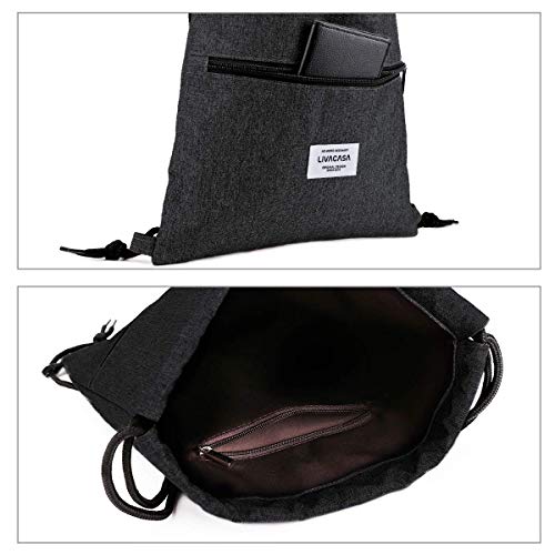 LIVACASA Mochila de Cuerdas Mujer Hombre Bolsas de Cuerdas Bolso Mujer Casual A Prueba de Agua Impermeable Bolsillo Exterior Extra Ajustable Correas de Hombros Negro