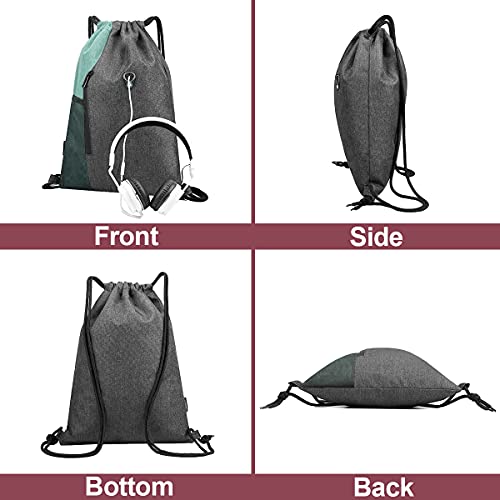 LIVACASA Mochilas de Cuerdas Mujer Hombre Toma USB para Auriculares con Bolsillos Mallas para Botellas Tela Oxford Bolsa de Cuerdas Mochilas Impermeables para Yoga Gimnasio Deportes Verde y Gris,