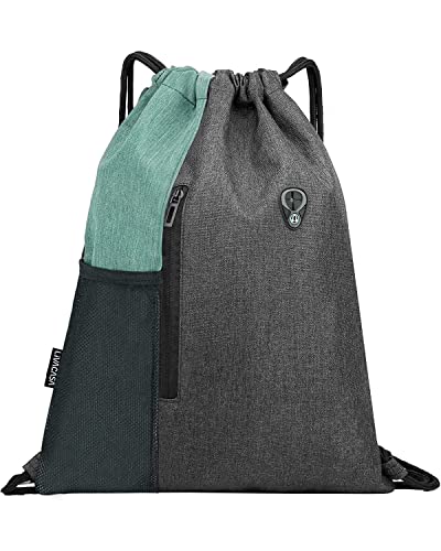 LIVACASA Mochilas de Cuerdas Mujer Hombre Toma USB para Auriculares con Bolsillos Mallas para Botellas Tela Oxford Bolsa de Cuerdas Mochilas Impermeables para Yoga Gimnasio Deportes Verde y Gris,