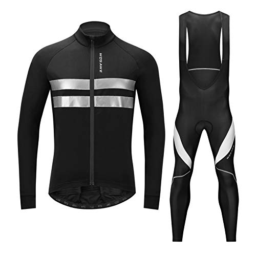 Lixada Conjunto de Maillot de Ciclismo para Hombre,Ropa de Bicicleta, Chaqueta de Invierno de Lana Térmica de Manga Larga y Pantalón con Pechera Acolchado 3D