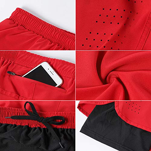 Lixada Hombres Pantalónes Cortos de Running 2-en-1, Pantalones Cortos de Atletismo, Pantalones Cortos de Fitness Maratón, Transpirable Pantalones+Secado Rápido (Rojo Negro, M)