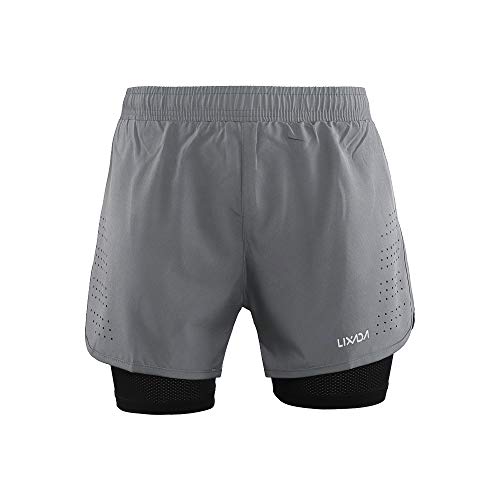 Lixada Hombres Pantalónes Cortos de Running 2-en-1, Pantalones Cortos de Atletismo, Pantalones Cortos de Fitness Maratón, Transpirable Pantalones+Secado Rápido (Gris, M)