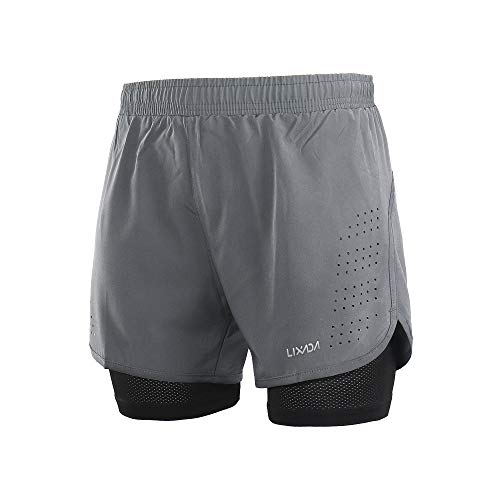 Lixada Hombres Pantalónes Cortos de Running 2-en-1, Pantalones Cortos de Atletismo, Pantalones Cortos de Fitness Maratón, Transpirable Pantalones+Secado Rápido (Gris, M)