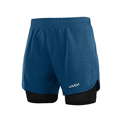 Lixada Hombres Pantalónes Cortos de Running 2-en-1, Pantalones Cortos de Atletismo, Pantalones Cortos de Fitness Maratón, Transpirable Pantalones+Secado Rápido (Azul Oscuro, L)