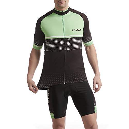 Lixada Maillot Ciclista para Hombre, Manga Corta Transpirable y de Secado Rápido + Pantalón Corto Acolchado con Espuma,Primavera/Verano (Verde, M)