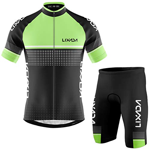 Lixada Maillot Ciclista para Hombre, Manga Corta Transpirable y de Secado Rápido + Pantalón Corto Acolchado con Espuma,Primavera/Verano (Verde, M)