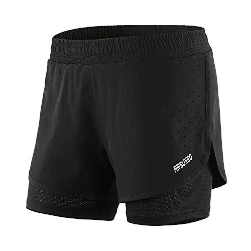 Lixada Mujeres Pantalónes Cortos Deportivos 2-en-1 Transpirable Pantalones+Secado Rápido para de Running Fitness Yoga (Negro, M)