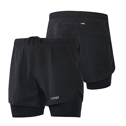 Lixada Pantalones cortos 2 en 1 para hombre, de secado rápido, transpirables, para entrenamiento activo, Negro , M