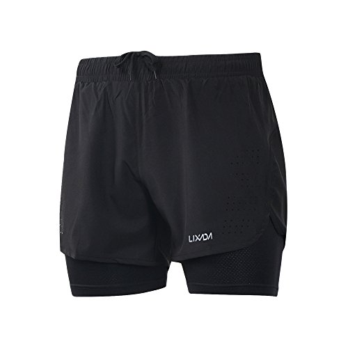 Lixada Pantalones cortos 2 en 1 para hombre, de secado rápido, transpirables, para entrenamiento activo, Negro , M