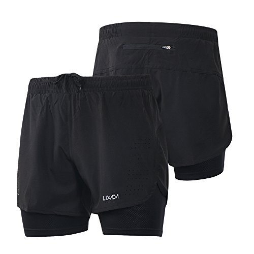 Lixada Pantalones cortos 2 en 1 para hombre, de secado rápido, transpirables, para entrenamiento activo, Negro , XXL