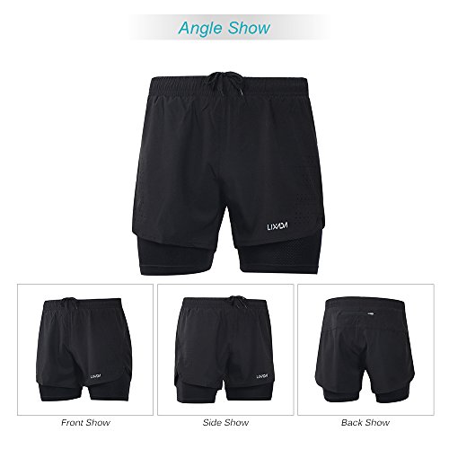 Lixada Pantalones cortos 2 en 1 para hombre, de secado rápido, transpirables, para entrenamiento activo, Negro , XXL