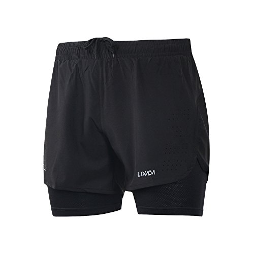 Lixada Pantalones cortos 2 en 1 para hombre, de secado rápido, transpirables, para entrenamiento activo, Negro , XXL