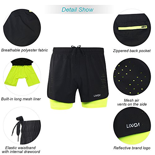 Lixada Pantalones cortos deportivos 2 en 1 para hombre de secado rápido [Transpirables] para correr, fitness, tenis, gimnasio, entrenamiento, jogging, ciclismo con forro más largo Grande Negro + verde