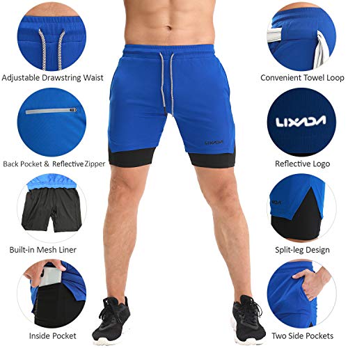 Lixada Pantalones Cortos para Correr 2 en 1 para Hombre con Lazo de Toalla Pantalones Cortos de Ejercicio de Secado Rápido con Bolsillos para Entrenamiento de Gimnasio