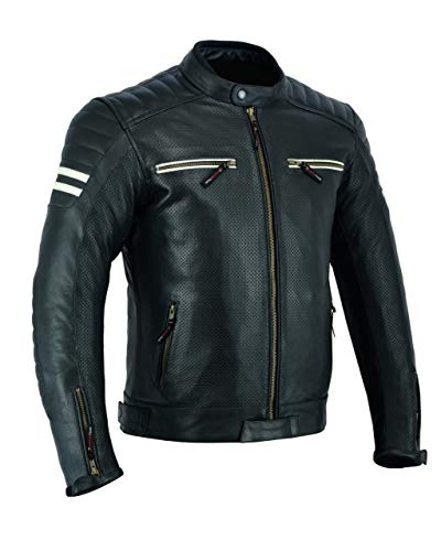 LJ-3027A Chaqueta de moto de cuero para hombre con armadura, transpirable y con perforaciones, color negro