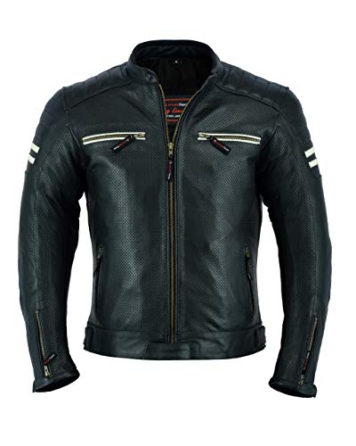 LJ-3027A Chaqueta de moto de cuero para hombre con armadura, transpirable y con perforaciones, color negro