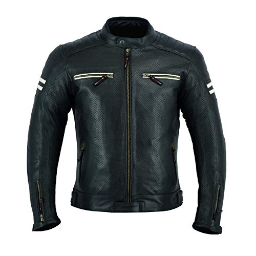 LJ-3027A Chaqueta de moto de cuero para hombre con armadura, transpirable y con perforaciones, color negro