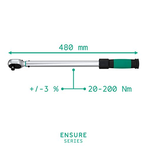 Llave dinamométrica de 1/2 pulgada 20-200Nm ENSURE serie de WIESEMANN 1893 I Llave de torsión con doble escala y apriete a la derecha I De acero cromado Q-30 I Maletín de transporte I 81437