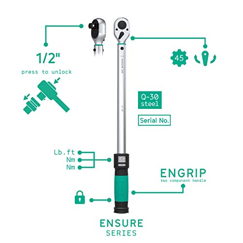 Llave dinamométrica de 1/2 pulgada 20-200Nm ENSURE serie de WIESEMANN 1893 I Llave de torsión con doble escala y apriete a la derecha I De acero cromado Q-30 I Maletín de transporte I 81437