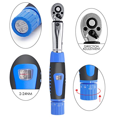 Llave dinamométrica para bicicleta y motocicleta, 1/4", 2-24 Nm, adaptador de torsión, llave de tubo, color azul